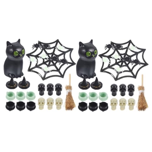 Cabilock Halloween-Miniatur-Ornamente 2 Sets Mini-Spinne Hexenhut Besenfigur Halloween-Mini-Puppenhaus-Zubehör DIY-Kuchenaufsatz Dekoration Partygeschenk von Cabilock
