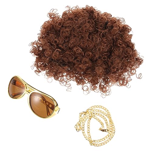 Cabilock Jahre Disco Kostüm mit Brauner Perücke Goldener Kette und Großer Sonnenbrille Leichte Party und Cosplay Accessoires für Karneval Halloween und Mottofeiern Stilvoll und Bequem von Cabilock