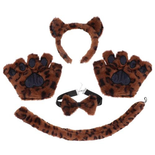 Cabilock Katzenkostüm-Zubehör Mit Katzenohren-Stirnband Pfotenhandschuhen Fliege Tier-Cosplay-Kostüm Kätzchen-Haar-Accessoires Halloween-Partygeschenk (Leopard) von Cabilock