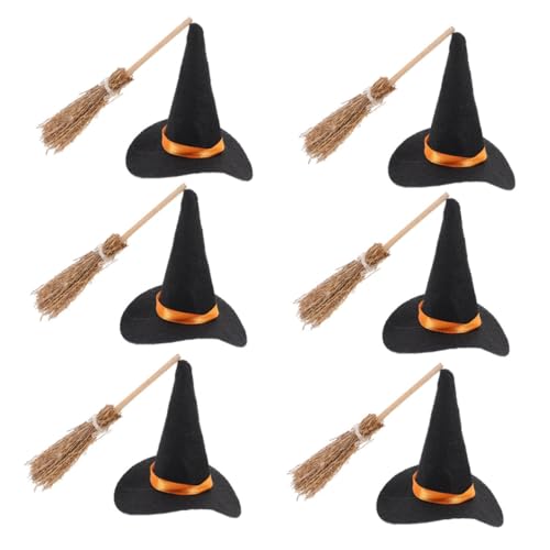 Cabilock Mini Hexenhüte und Besen Halloween Deko Set aus Mini Filzhüten und Kleinen Besen Wiederverwendbar Platzsparend für DIY Basteln Tischdeko Party Festliche Anlässe von Cabilock
