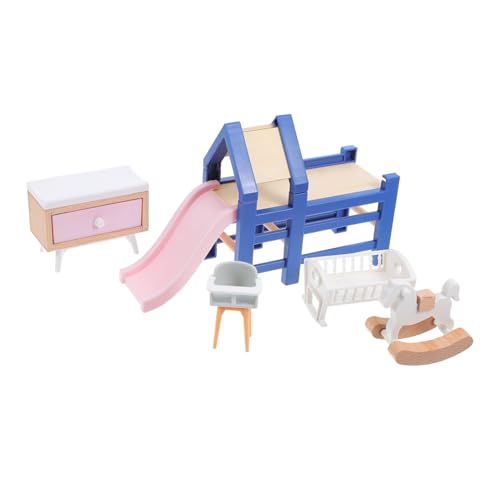 Cabilock Mini Puppenhaus Möbel Teiliges Schlafzimmer Spielset mit Babybett Rutsche Schaukelpferd Hocker Puppenhaus Zubehör von Cabilock