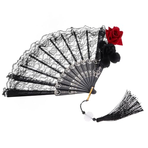 Cabilock Schwarzer Spitzen Handfächer Damen Faltbar Gotischer Lolita Stil Handlicher Faltfächer mit Rosen Spitzenmuster Tragbar für Viktorianische Partys Halloween und Modische Accessoires von Cabilock