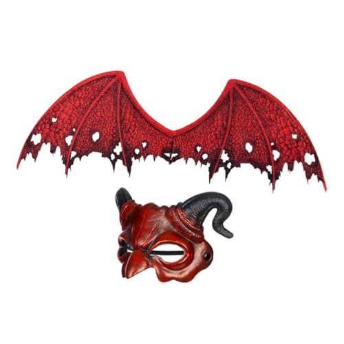 Cabilock Teufelmaskenflügel Set Hälfte Halloween- Halloween -kostüm Beängstigend Halbmaske Gruselige Vlies Rot von Cabilock
