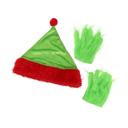 Cabilock Weihnachtshut und Grüne Plüschhandschuhe Set Leichte Atmungsaktive Cosplay Props für Halloween und Festtags Roleplay Passform Bequem und Lustig für Party und Feier von Cabilock