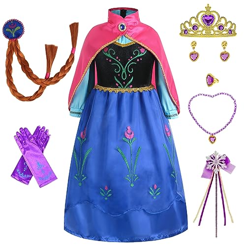 Cacilie Mädchen Anna Kleid Kostüm Kinder Prinzessin Kostüm für Karneval Party Cosplay Verkleidung Halloween Fest Geburtstag mit Zubehör Krone Zauberstab (100, Lila) von Cacilie