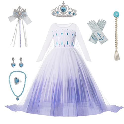 Cacilie Mädchen Prinzessin Karneval Verkleidung Party Kostüm Kleid Eisprinzessin Set aus Diadem, Handschuhe, Zauberstab, Perücke,Halskette,Ohrringe,Ringe (128-134, white) von Cacilie