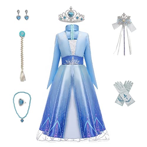 Cacilie Mädchen Prinzessin Kostüm Karneval Verkleidung Party Kleid Eisprinzessin Set aus Diadem, Handschuhe, Zauberstab, Perücke,Halskette,Ohrringe,Ringe（134-140, Blau prinzessinkleid von Cacilie