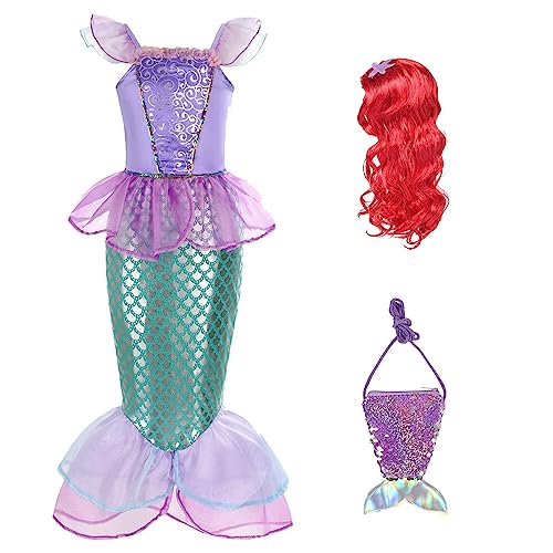 Cacilie Meerjungfrau Prinzessin Arielle Kostüm Kleid Verkleidung mit Perücke Cosplay Party Verkleidung für Kinder Mädchen (Lila (mit Haarperücke Und Handtasche),3-4 Jahre(Herstellergröße: 100) von Cacilie