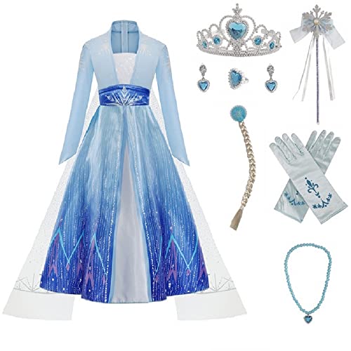 Cacilie Prinzessin Kleid Kostüm Mädchen Weihnachten Kostüm Karneval Party Halloween Party mit Krone Perücke. Halsketten, Ringe, Ohrringe, Handschuhe (Blau, 100) von Cacilie