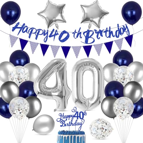 Cadimus 40. Geburtstag Ballon Set,Happy Birthday Ballon Dekoration,40 Geburtstag Blau Silber Luftballons,Happy Birthday Folienballon 40, 40 Jahre Männer Frauen Party Deko von Cadimus
