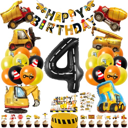 Cadimus Bagger Deko Kindergeburtstag 4, Baustelle Geburtstag Deko 4 Jahre, Bagger Geburtstagsdeko 4 Jahre, Baustelle Luftballons Geburtstag mit Happy Birthday Banner und Tortendeko von Cadimus