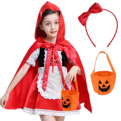 Cadimus Kostüm Rotkäppchen Mädchen 130, Halloween Kostüm, Kostüm Kinder Märchen, Faschingskostüm mit Rot Umhang Kleid Headband Kürbisbeutel, für Halloween Karneval Mottoparty Kostüm Party von Cadimus