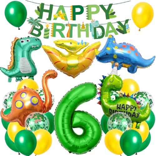 Dino Geburtstag Deko 6 Jahre, XXL Dinosaurier Deko Kindergeburtstag, Geburtstagsdeko Jungen 6 Jahre, Folienballon Dino 6 mit Happy Birthday Banner für Dinosaurier Party Kindergeburtstag von Cadimus