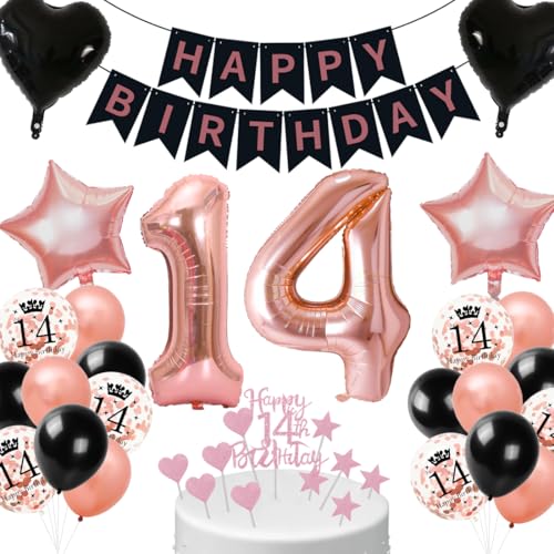 Cadimus Deko 14. Geburtstag Mädchen Schwarz Roségold,14. Geburtstag Luftballon,Geburtstagsdeko 14 jahre Frauen,Ballon Dekorationsset für 14 ter,Ballons für Geburtstagsfeier Deko von Cadimus