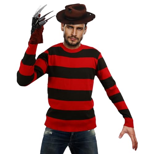 Freddy Maske Krueger Kostüm rot und grün gestreifter Pullover Horror Killer Handschuh Set Halloween Cosplay für Erwachsene von Cafele