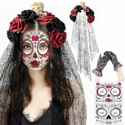 CaiJianYuLin Halloween Kostüm Damen Haarreif Schleier Halloween Haarreif Tag Der Toten Künstliche Blumen Spitzenhandschuhe Schwarz Halloween Gesicht Tattoos Dia De Los Muertos Kostüm von CaiJianYuLin