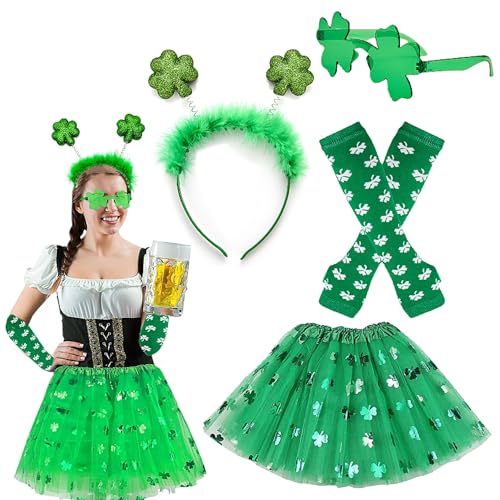 CaiJianYuLin St Patrick Day Kostüm Zubehör Set St. Patrick's Day Accessoire Damen Klee Gedruckt Mesh Rock Halskette Arm Wärmer Stirnband Dress up für Dame Girl Festival Party von CaiJianYuLin
