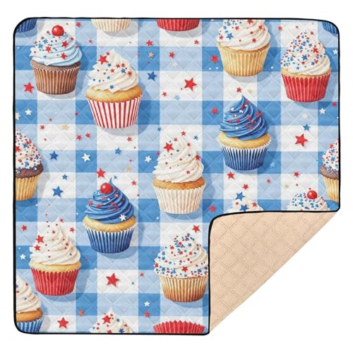 Blaues Gingham mit patriotischen Cupcakes (1) weich gepolsterte Baby-Spielmatte für drinnen und draußen, bequeme Aktivitätsmatte für Babys, Kinder, Kleinkinder, Säuglinge, 127 x 127 cm von Caihoyu