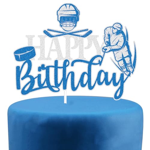 Tortenaufsatz mit Eishockey-Motiv "Happy Birthday", "Happy Birthday", "Happy Birthday", für den Ruhestand, Alter, Party, schwarzer Glitzer, Kuchendekoration von Caiwowo