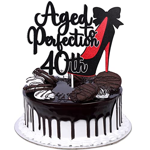 Tortenaufsatz zum 40. Geburtstag "Aged To Perfection" – Happy 40th Birthday Glitzer rote Absätze Kuchenaufsatz – 40. Geburtstag Party Dekoration von Caiwowo