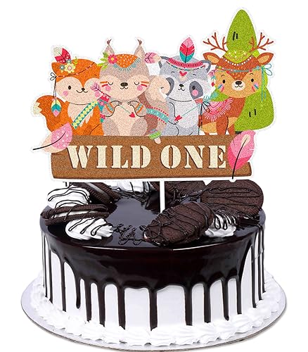 Wild One Waldtiere Happy Birthday Tortenaufsatz – Waldfreunde Happy 1st Birthday Tortenaufsatz – Waldtiere Freunde Party Glitzer Fuchs Tortenaufsatz Zubehör für Babyparty Kinder von Caiwowo