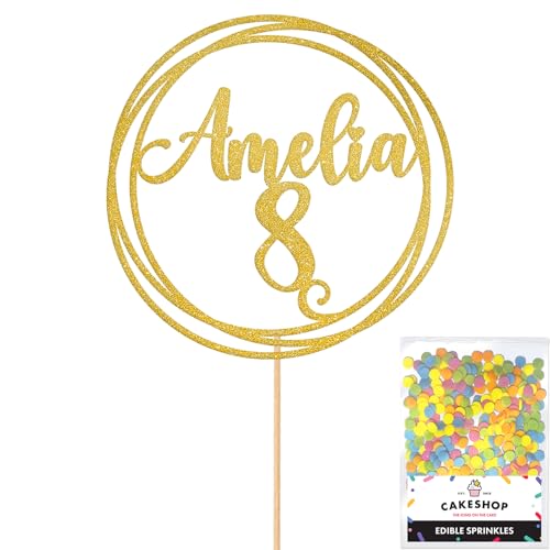 Tortenaufsatz "Happy Birthday", personalisierbar, glitzernd, goldfarben, jedes individuelle Alter und Name, glitzernde Kuchendekoration und Streusel, Happy Birthday Dekorationen, personalisierte von Cakeshop