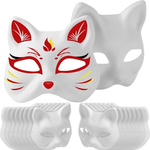 CALPALMY Pappmaché-Masken – 16 Packungen weiße Blanko-Katzenmaske, handbemalte Tier-Halbgesichtsmasken für Party, Cosplay, künstlerische Projekte, Theater, Halloween, Maskerade-Partys von CalPalmy