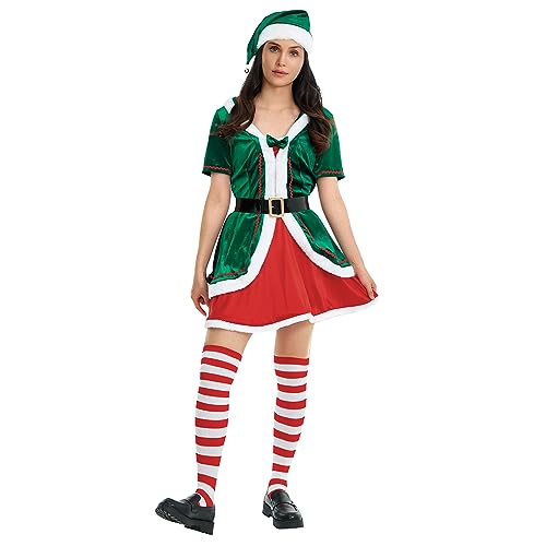 Weihnachtskostüm für Erwachsene, Weihnachtsbaummantel mit Hose/Spleißkleid, Set für Urlaubsparty (Damen, 3-grünes Damenkleid, Größe L) von Caloter