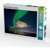 Aurora mit der Skyline von Reykjavík (Puzzle) von Calvendo Puzzle
