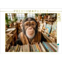 CALVENDO Puzzle Ein Schimpanse mit Brille und Weste steht hinter einem Bücherregal in einem gemütlichen kleinen Buchladen 1000 Teile Lege-Größe 64x4 von Calvendo Puzzle