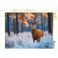 CALVENDO Puzzle Ein stolzer Hirsch steht im verschneiten Winterwald und wird vom warmen Licht der aufgehenden Sonne erleuchtet. 1000 Teile Lege-Größe 64x48cm Foto-Puzzle für glückliche Stunden von Calvendo Puzzle