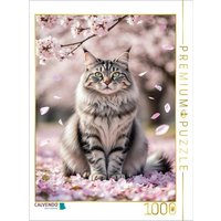 CALVENDO Puzzle Eine Maine Coon Katze sitzt zwischen Kirschblüten und strahlt Ruhe und Anmut im Frühling aus. 1000 Teile Lege-Größe 64x48cm Foto-Puz von Calvendo Puzzle