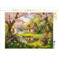 CALVENDO Puzzle Frühlings Cottage mit Kirschblüten und Gartenteich 1000 Teile Lege-Größe 64x48cm Foto-Puzzle für glückliche Stunden von Calvendo Puzzle