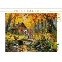 CALVENDO Puzzle Herbst Cottage am Bach mit Ahornbaum und Waldtieren 1000 Teile Lege-Größe 64x48cm Foto-Puzzle für glückliche Stunden von Calvendo Puzzle