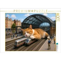 CALVENDO Puzzle Heute Verspätung auf unbestimmte Zeit - riesige Katze schläft im Bahnhof 1000 Teile Lege-Größe 64x48cm Foto-Puzzle für glückliche Stunden von Calvendo Puzzle