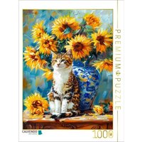 CALVENDO Puzzle Katze im Stillleben mit Sonnenblumen in Blumenvase im impressionistischen Stil 1000 Teile Lege-Größe 64x48cm Foto-Puzzle für glückli von Calvendo Puzzle