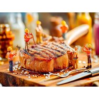 CALVENDO Puzzle Miniatur Bauarbeiter prüfen Steak mit Thermometer neben glänzendem Besteck 1000 Teile Lege-Größe 64x48cm Foto-Puzzle für glückliche von Calvendo Puzzle