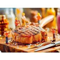 CALVENDO Puzzle Miniatur Bauarbeiter prüfen Steak mit Thermometer neben glänzendem Besteck 2000 Teile Lege-Größe 90x67cm Foto-Puzzle für glückliche von Calvendo Puzzle