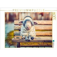 CALVENDO Puzzle Schaf schläft mit Kopfhörern auf Parkbank 1000 Teile Lege-Größe 64x48cm Foto-Puzzle für glückliche Stunden von Calvendo Puzzle