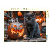 CALVENDO Puzzle Schwarze süße Katze und Halloween-Kürbis im Kerzenschein 1000 Teile Lege-Größe 64x48cm Foto-Puzzle für glückliche Stunden von Calvendo Puzzle