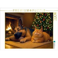 CALVENDO Puzzle Weihnachtsentspannung - Schäferhund und Katze am Kamin 2000 Teile Lege-Größe 90x67cm Foto-Puzzle für glückliche Stunden von Calvendo Puzzle