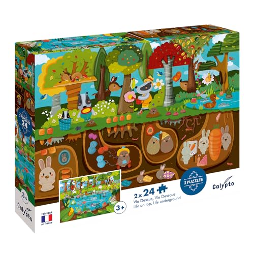 Calypto 3907704 Waldtiere, 2x24 Puzzle-Set mit Soft-Touch, Kinderpuzzle mit großen Teilen und samtiger Oberfläche inkl. Puzzleposter, für Kinder ab 3 Jahren, Tiere, Wald von Calypto