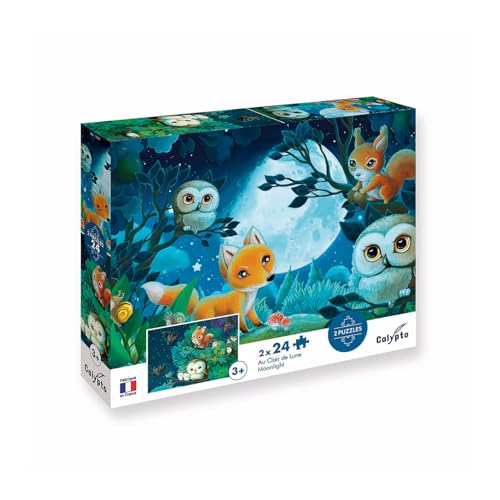 Calypto 3907706 Tiere bei Mondlicht, 2x24 Teile Puzzle-Set mit Soft-Touch, Kinderpuzzle mit großen Teilen und samtiger Oberfläche inkl. Puzzleposter, für Kinder ab 3 Jahren, Nachauflage von Sentosphere