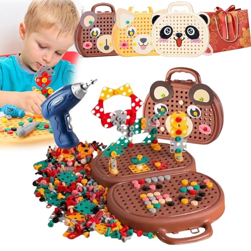 Montessori Spielzeugkiste Mit Bohrmaschine, Magic Montessori Play Toolbox, 2024 Newest Creativity Tool Box with Drill, Mosaic Puzzle Toy Drill Screw Tool Set Montessori Spielzeug ab 3 Jahre (Brown) von Camic