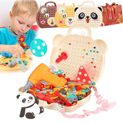 Montessori Spielzeugkiste Mit Bohrmaschine, Magic Montessori Play Toolbox, 2024 Newest Creativity Tool Box with Drill, Mosaic Puzzle Toy Drill Screw Tool Set Montessori Spielzeug ab 3 Jahre (Panda) von Camic