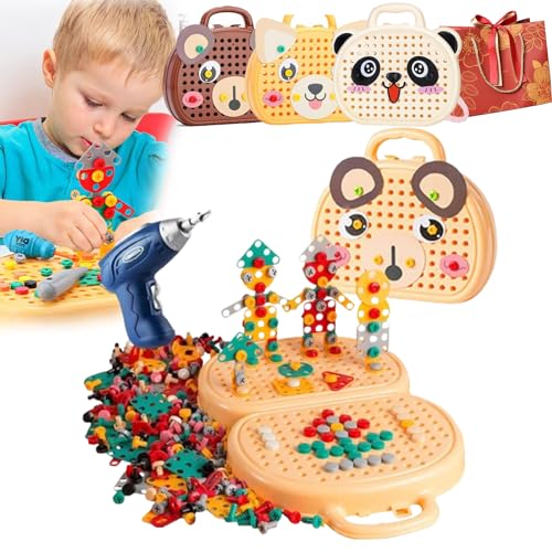 Montessori Spielzeugkiste Mit Bohrmaschine, Magic Montessori Play Toolbox, 2024 Newest Creativity Tool Box with Drill, Mosaic Puzzle Toy Drill Screw Tool Set Montessori Spielzeug ab 3 Jahre (Skin) von Camic