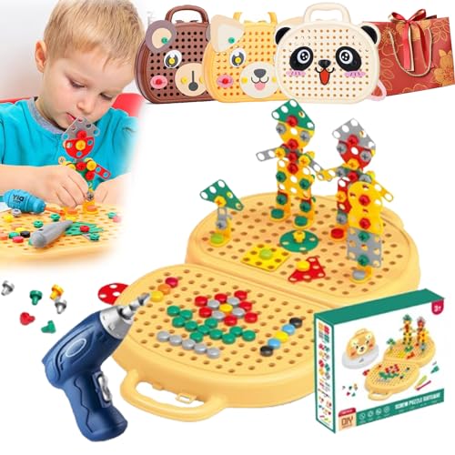 Montessori Spielzeugkiste Mit Bohrmaschine, Magic Montessori Play Toolbox, 2024 Newest Creativity Tool Box with Drill, Mosaic Puzzle Toy Drill Screw Tool Set Montessori Spielzeug ab 3 Jahre (Yellow) von Camic