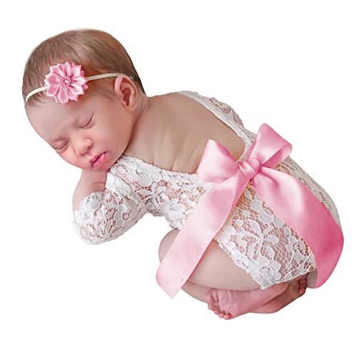 Camidy Neugeborene Fotografie Requisiten Outfits 2 Stück Baby Spitze Strampler Stirnband Set für Mädchen Fotoshooting von Camidy