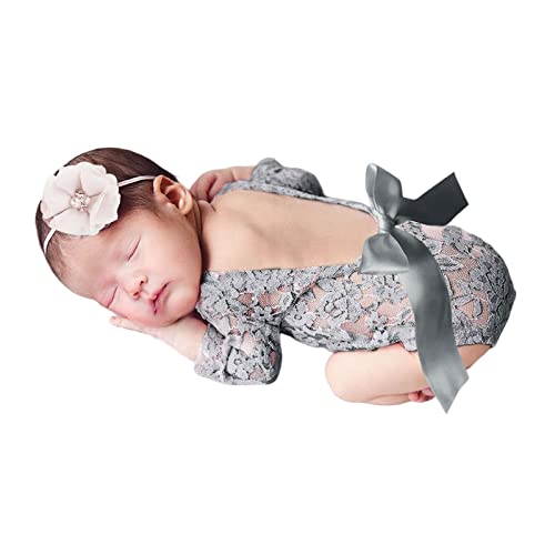 Camidy Neugeborenes Fotografie Requisiten Outfits Baby Mädchen Spitze Strampler Stirnband Säugling Fotoshooting Kleidung für Baby Jungen und Mädchen 3-12 Monate von Camidy