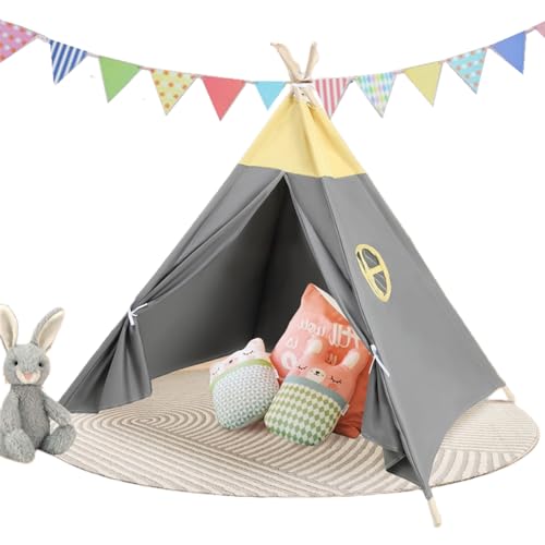 Camiraft Grau Kinder Tipi Zelt,klassisches indisches Spielzelt für Kinder,faltbares Spielhaus für drinnen oder draußen,Kinderzelte aus Polyester für Mädchen und Jungen mit Tragetasche,bunten Flaggen von Camiraft